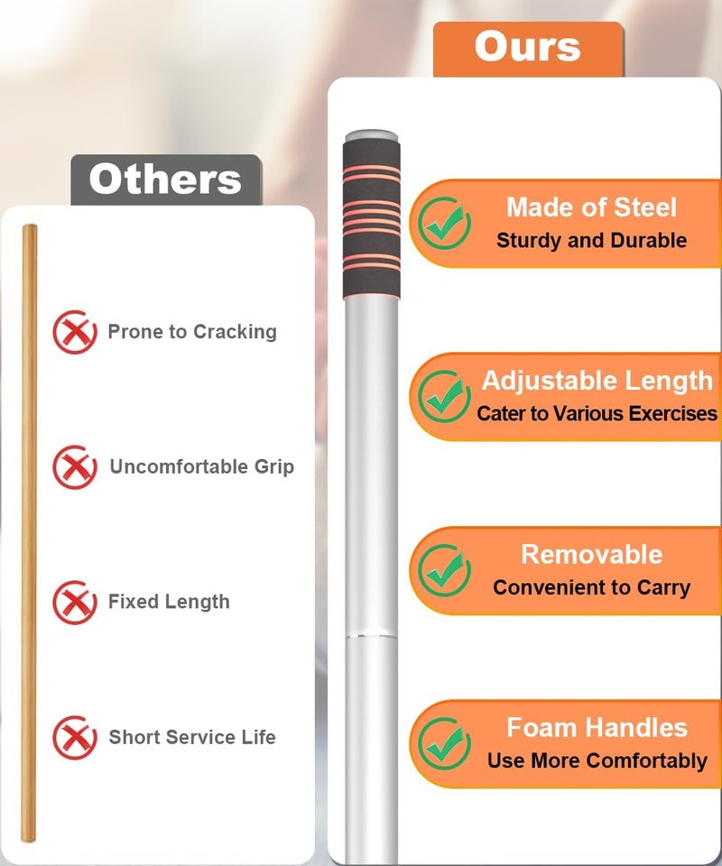 Queension 5ft Yoga Stick – Heavy-Duty Steel Adjustable Stretching Bar for Mobility, Flexibility & Balance. Multi-Functional Fitness Pole with 4 Steel Rods & Comfort Foam Grips - Image 4